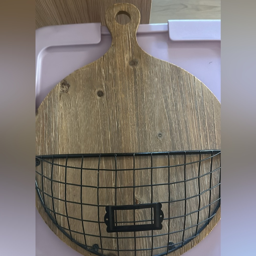 Wooden Wall Organizer with Wire Basket